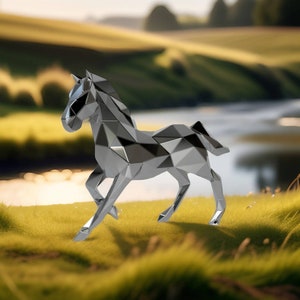 Template diy for metal sculpture – Pattern of Horse low poly model DXF and PDF Format – Blueprints of statue for Assembly from CNC cutting