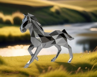 Template diy for metal sculpture – Pattern of Horse low poly model DXF and PDF Format – Blueprints of statue for Assembly from CNC cutting