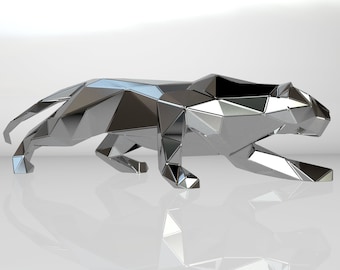 May include: A silver, geometric, low-poly sculpture of a panther or cougar. The sculpture is made of many small, triangular facets, giving it a modern and abstract look.