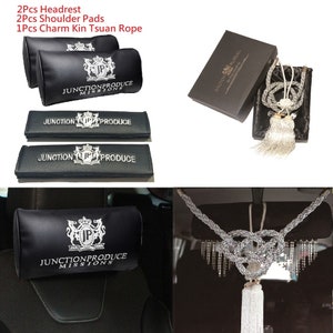 Black JP VIP Junction Produce Car Headrest Pillow + Shoulder Pads + Charm Kin Tsuna Rope Silver & White Combo