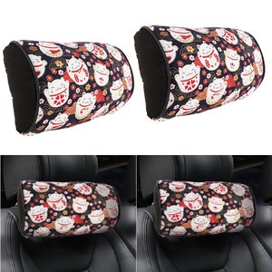 2Pcs JDM SAKURA Lucky Cat Black Fabric Soft Cotton Car Neck Rest Pillow Headrest Cushion