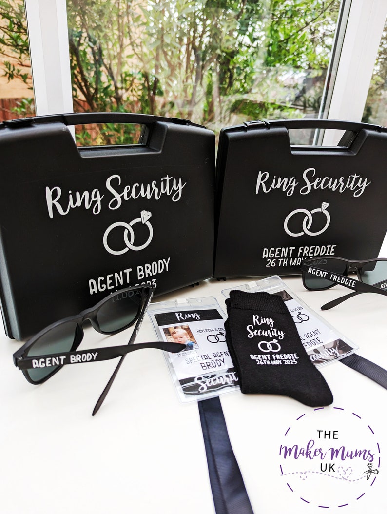 Ring Security Set Ring Bearer Gift Cute Wedding Ring Holder Case, Glasses, Badge & Socks set image 2