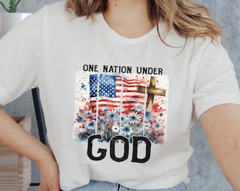 Floral Cross American Flag T-Shirt, Patriotic Christian USA Tee