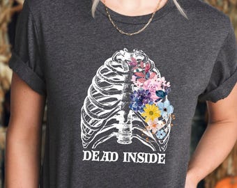 Dead Inside Floral Rib Cage T-Shirt, Gothic Skeleton Tee