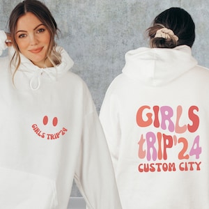 Custom Girls Trip 2024 Sweatshirt, Personalized Girls Weekend Hoodie, Besties Matching Shirts, Road Trip Sweater, Cute VSCO Girls Trip Shirt