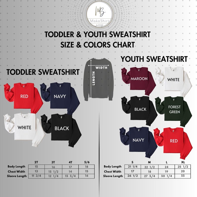 toddler and youth sweatshirt sizes and colors chart