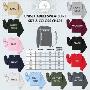 a chart showing the sizes and colors of sweatshirts