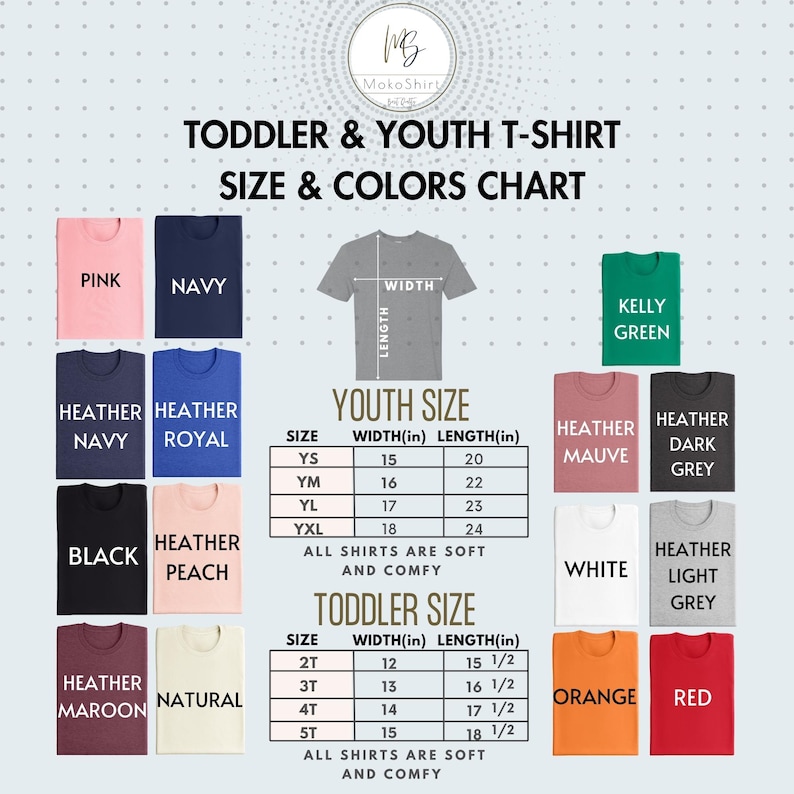 toddler and youth t - shirt sizes and colors chart