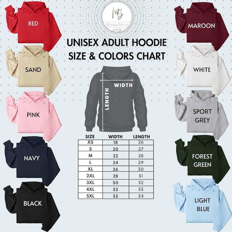 a variety of hoodie sizes and colors chart