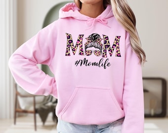 Mom Life Messy Bun Sweatshirt, Leopard Print Mama Hoodie