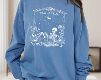 Comfort Colors Read In Peace Skeleton Shirt, Gothic Reader Tee
