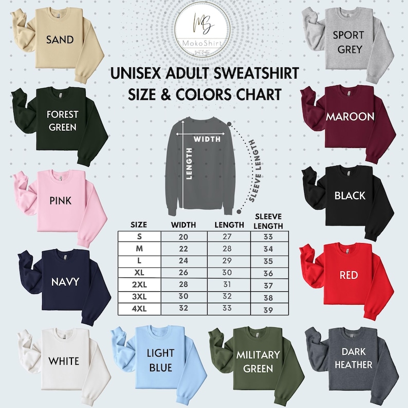 a chart showing the sizes and colors of sweatshirts