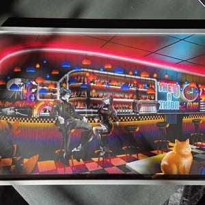 May include: A digital illustration depicting a bar scene with two figures, one male and one female, seated at the counter. The bar is adorned with neon lights and the sign above the counter reads "The 90's & Thick & Fast". A cat is perched on a stool in the foreground.