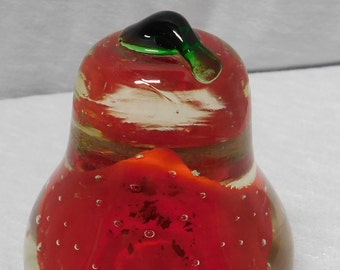 Vintage Clear and Red Art Glass Pear Paperweight Hand Blown Controlled Bubble