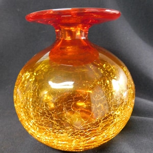 Vintage Amberina Crackle Glass Handblown Vase Flared Top