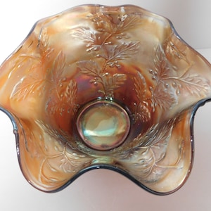 Fenton Glass Holly Marigold Carnival Ruffled Dish