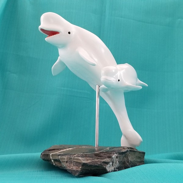 White whales or Belugas, handmade wooden animal sculpture, marine art, home decor, personalized gift.