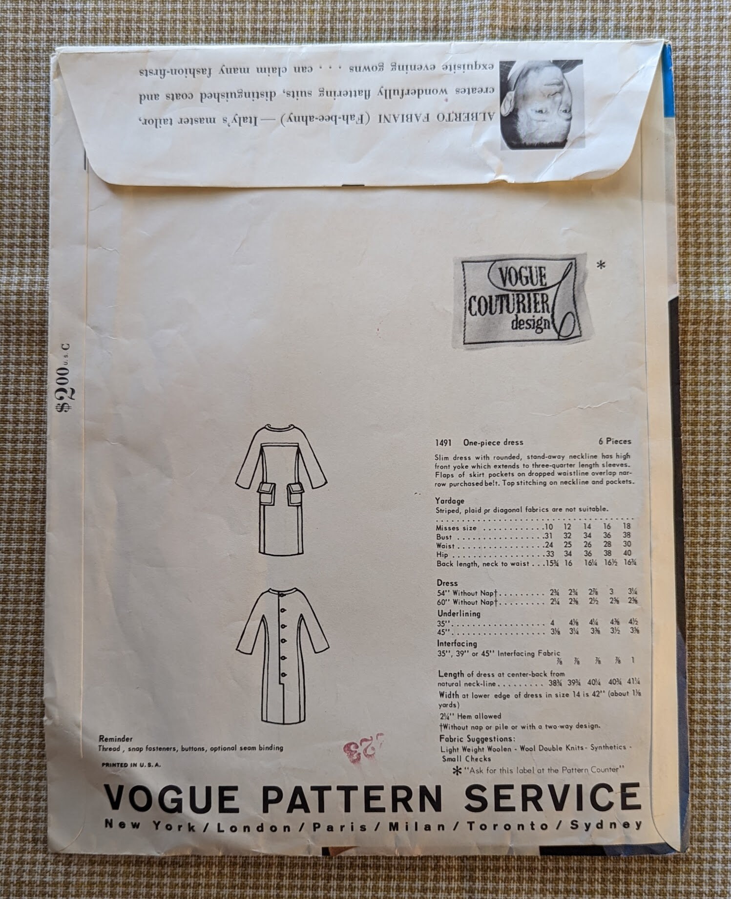 Patron Rare VOGUE COUTURIER FABIANI Of ITALY - Taille Buste 38, Patron De Robe Femme Neuf, Jamais Utilisé