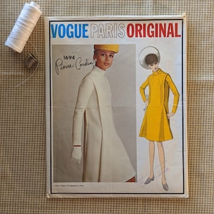 Vogue Paris Original 1694 by Pierre Cardin, Rare Vintage Sewing Pattern from 1960&#39;s Size 12 Bust 32&quot; Fitted Dress Stand Collar, Tag Included