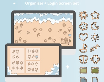 Fondo de pantalla e iconos de carpeta con diseño de arena y temática playera (descarga digital)