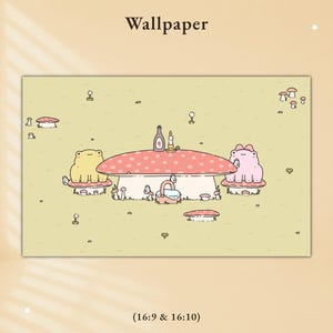 May include: A digital wallpaper illustration featuring a light yellow background with a large red mushroom table. A yellow frog and a pink frog sit on smaller mushroom stools. A bottle, candle, and basket are on the table with small butterflies.