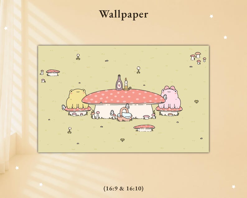 May include: A digital wallpaper illustration featuring a light yellow background with a large red mushroom table. A yellow frog and a pink frog sit on smaller mushroom stools. A bottle, candle, and basket are on the table with small butterflies.