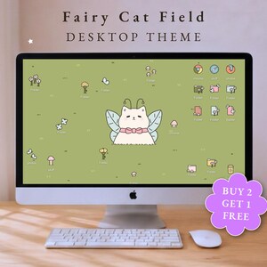 Fairy Cat Field Desktop Wallpaper | Cozy Computer Theme | Cute Windows & Mac Desktop Icons