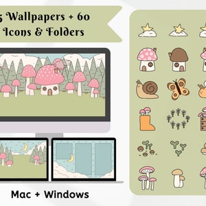 May include: A digital product featuring mushroom-themed wallpapers and icons for Mac and Windows. The image shows a computer and laptop displaying the wallpapers, along with various icon designs, including mushrooms, stars, and insects. Text reads: "5 Wallpapers + 60 Icons & Folders."