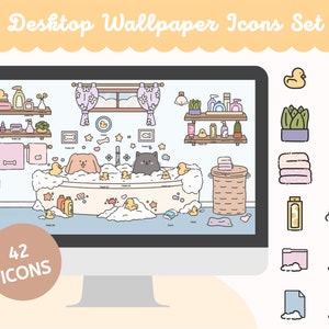 Op de afbeelding: Een set van 42 schattige cartoon-pictogrammen met een badkamerscène met een badkuip, twee dieren, handdoeken, zeep en andere badkamerartikelen. De pictogrammen zijn in verschillende kleuren en zijn perfect om te gebruiken als bureaubladachtergrond of om je eigen digitale ontwerpen te maken.