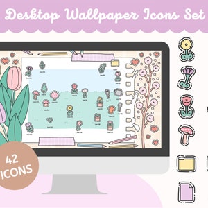 Desktop Computer Wallpaper for Windows and Mac PC + Folders Icons - Flower Garden Sticker Doodles Notebook Page - WallpaperGals