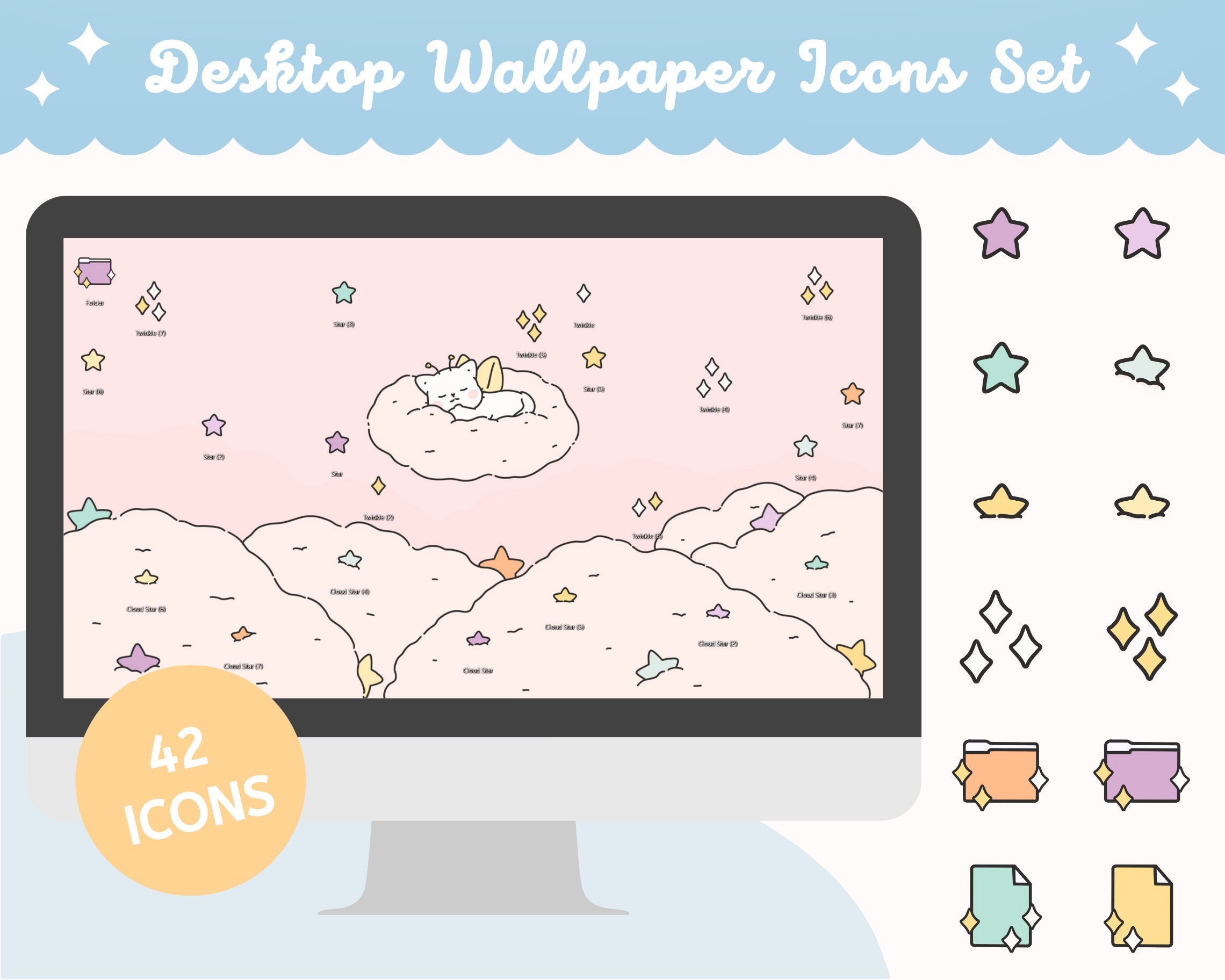 Cute Cat Folder Icons Neutral Denim Windows and (Instant Download