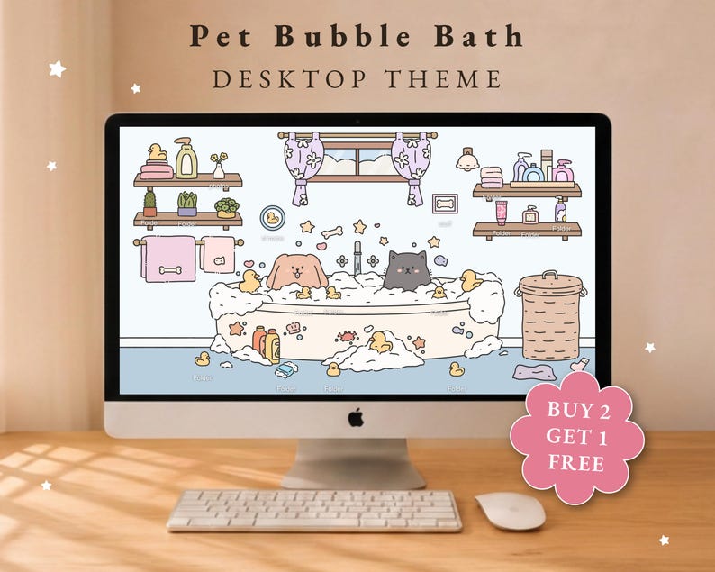 Op de afbeelding: Een computermonitor met een Pet Bubble Bath bureaubladthema-illustratie met een badkuip vol bubbels, een hond, een kat, badeendjes, planken met toiletartikelen, een raam met gordijnen en een wasmand op een lichtblauwe vloer.