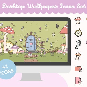 Desktop Computer  Wallpaper for Windows and Mac PC + Folders Icons - Magical Door to Mushroom Woods of Wonderland- WallpaperGals