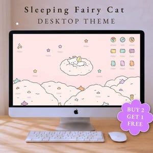 Sleeping Fairy Cat Desktop Wallpaper | Cozy Computer Theme | Cute Windows & Mac Desktop Icons