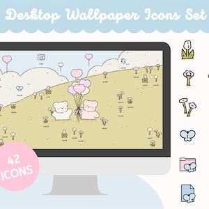 Puede incluir: Un conjunto de iconos de fondo de escritorio con 42 iconos que presentan lindas ilustraciones de osos, mariposas, flores y corazones. Los iconos están en una paleta de colores pastel y son perfectos para agregar un toque de fantasía a tu escritorio.