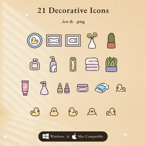 Op de afbeelding: Een verzameling van 21 decoratieve iconen in .ico- en .png-indeling, met pastelkleurige illustraties van badkamerartikelen, planten en badeendjes. De tekst luidt 21 Decorative Icons, .ico & .png en Windows & Mac Compatible.