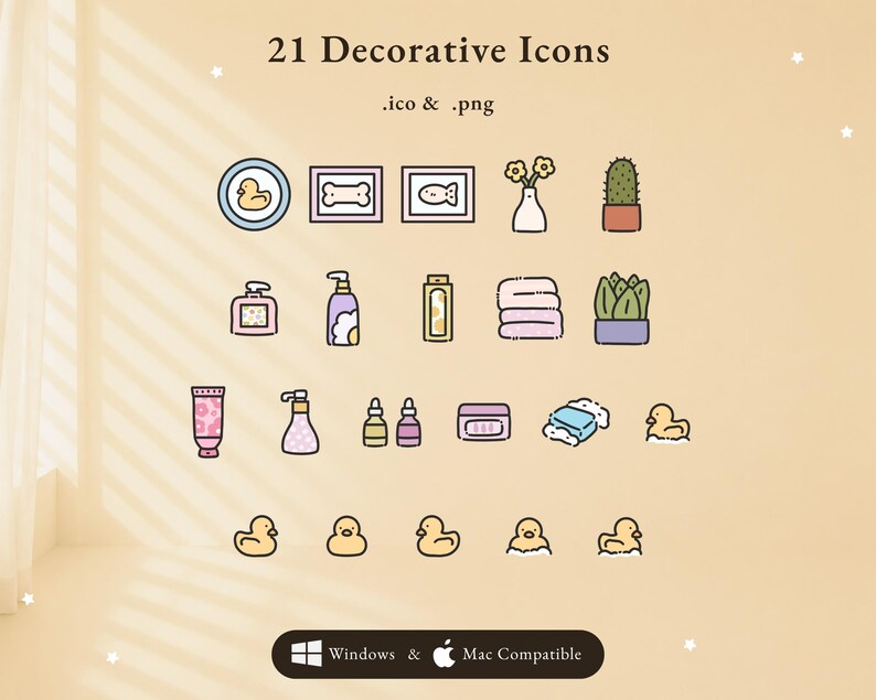 Op de afbeelding: Een verzameling van 21 decoratieve iconen in .ico- en .png-indeling, met pastelkleurige illustraties van badkamerartikelen, planten en badeendjes. De tekst luidt 21 Decorative Icons, .ico & .png en Windows & Mac Compatible.