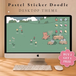 May include: A computer monitor displaying a pastel doodle desktop theme featuring a green landscape with a brown bear, tree stumps, and jars. The screen shows icons for folders and apps. Text at the top reads Pastel Sticker Doodle DESKTOP THEME.
