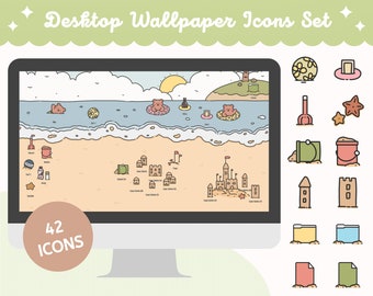 Fondo de pantalla de escritorio con diseño de castillo de arena en la playa e iconos de carpetas (descarga digital)