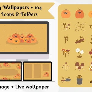 May include: A digital product featuring fall-themed wallpapers and icons. The image shows a computer and two tablets displaying pumpkin-themed backgrounds. Additional icons include pumpkins, mushrooms, flowers, and a boot. Text reads: "13 Wallpapers + 104 Icons & Folders" and "Image + Live wallpaper".