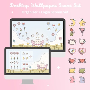 May include: A set of cute, colorful icons featuring a cat with butterfly wings, hearts, stars, moons, flowers, and folders. The icons are displayed on a computer screen with a pink background. "Desktop Wallpaper Icons Set Organizer + Login Screen Set" is written at the top of the image.