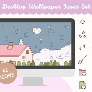 Puede incluir: Un conjunto de 42 iconos de fondo de escritorio lindos que presentan una casa de dibujos animados, nubes, estrellas, un conejo, un corazón y una luna. Los iconos son de varios colores, incluyendo rosa, azul, verde y blanco.