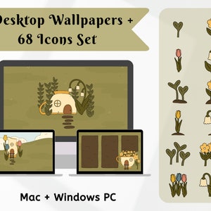 May include: Digital desktop wallpaper set featuring a whimsical house design with a teacup-shaped structure, surrounded by plants. The set includes 5 wallpapers and 68 icons, compatible with Mac and Windows PCs. The color palette is primarily green and beige.