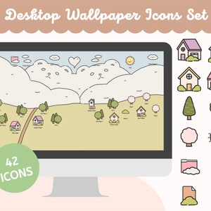 May include: A set of 42 cute cartoon icons for desktop wallpaper. The icons include houses, trees, clouds, a sun, and folders. The icons are in a variety of colors, including pink, blue, green, and yellow.