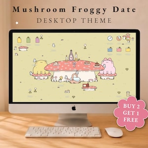 May include: A computer monitor displaying a Mushroom Froggy Date desktop theme with a pale yellow background, two frogs sitting on mushroom stools at a large mushroom table, and icons. A pink flower-shaped graphic says BUY 2 GET 1 FREE.