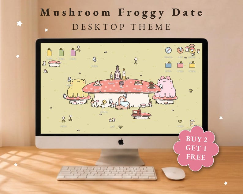 May include: A computer monitor displaying a Mushroom Froggy Date desktop theme with a pale yellow background, two frogs sitting on mushroom stools at a large mushroom table, and icons. A pink flower-shaped graphic says BUY 2 GET 1 FREE.