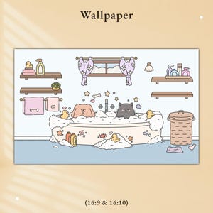 Op de afbeelding: Een digitale illustratie getiteld Wallpaper met een badkamer met een bad vol bubbels, een bruine hond en een zwarte kat. De kamer bevat planken met toiletartikelen, een raam met bloemengordijnen en een wasmand.
