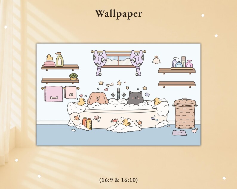 Op de afbeelding: Een digitale illustratie getiteld Wallpaper met een badkamer met een bad vol bubbels, een bruine hond en een zwarte kat. De kamer bevat planken met toiletartikelen, een raam met bloemengordijnen en een wasmand.