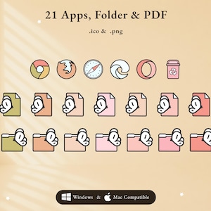 May include: A digital icon set titled 21 Apps, Folder & PDF, featuring .ico and .png files. The collection includes browser icons, a trash bin, and document and folder icons decorated with a butterfly graphic in various shades of pink and green.