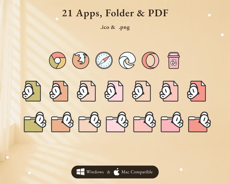 May include: A digital icon set titled 21 Apps, Folder & PDF, featuring .ico and .png files. The collection includes browser icons, a trash bin, and document and folder icons decorated with a butterfly graphic in various shades of pink and green.